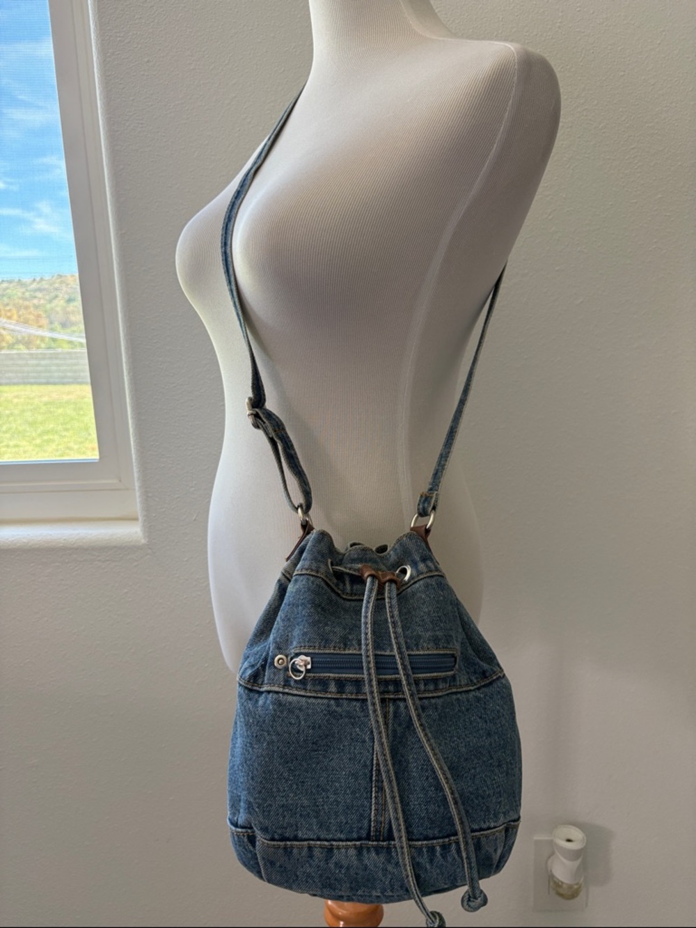 Denim Drawstring Bucket Bag - Blue